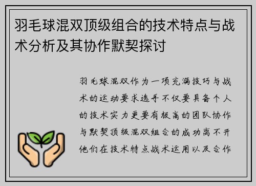 羽毛球混双顶级组合的技术特点与战术分析及其协作默契探讨
