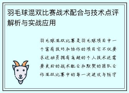 羽毛球混双比赛战术配合与技术点评解析与实战应用