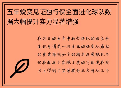 五年蜕变见证独行侠全面进化球队数据大幅提升实力显著增强